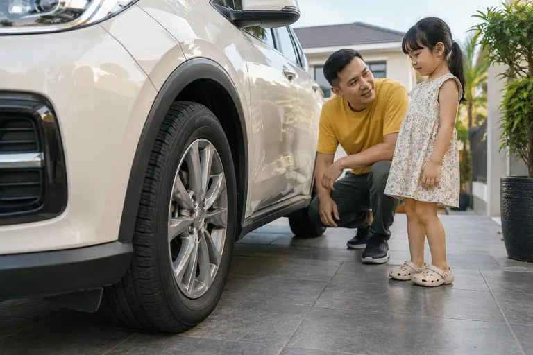 Roda dan sisi kereta putih dengan pelanggan di halaman