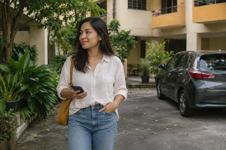 Pelanggan memegang telefon di kawasan kediaman dengan kereta di belakang