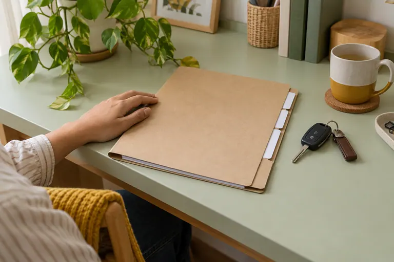 Folder tertutup dengan tab kosong dan kunci di meja