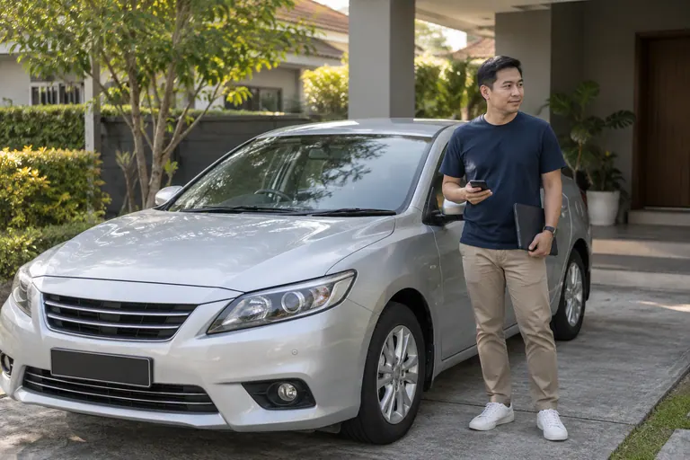 Pelanggan bertelefon di sebelah kereta perak yang diparkir di rumah