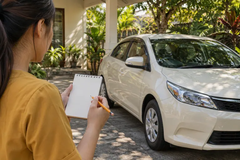 Pelanggan mencatat di buku kosong bersebelahan kereta