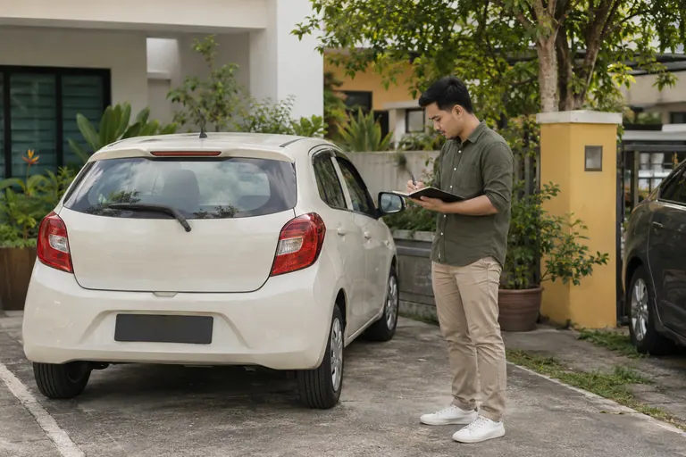 Pelanggan mencatat di sebelah kereta hatchback yang diparkir