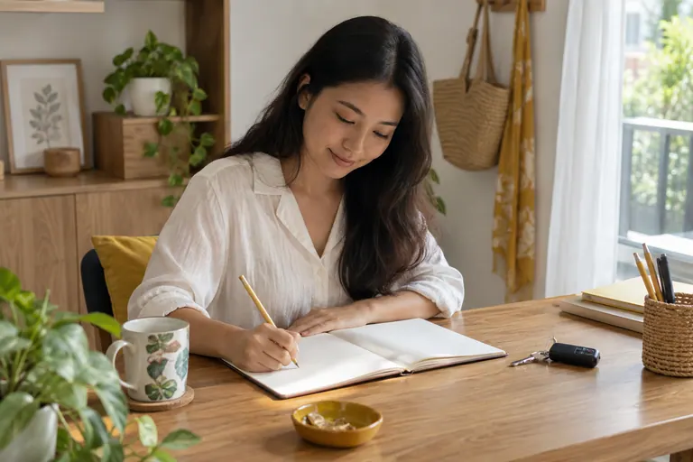 Pelanggan mencatat dalam buku kosong di rumah