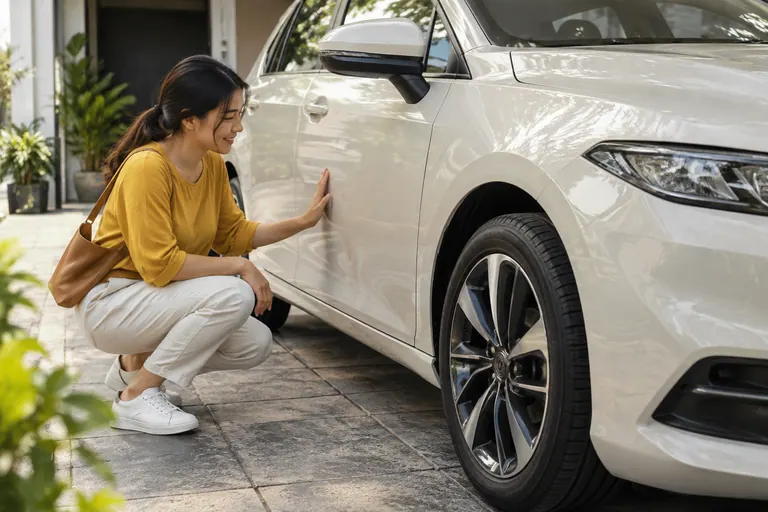Pelanggan memerhati sisi kereta putih yang diparkir