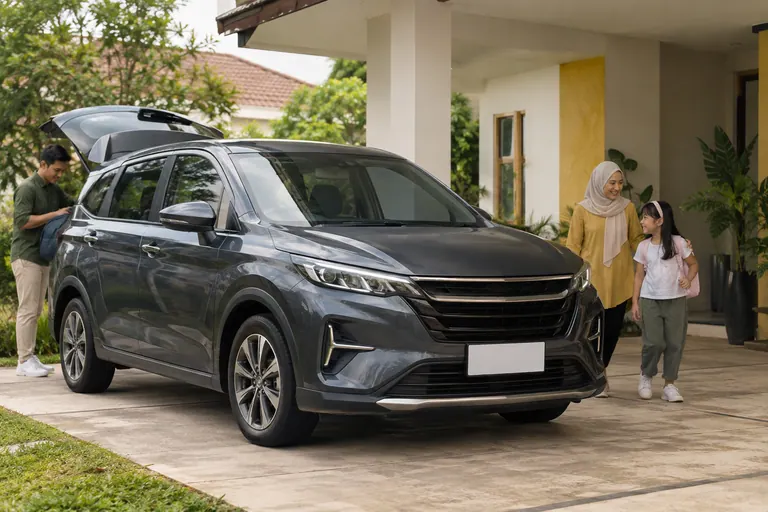 Kereta keluarga yang diparkir di halaman dengan pelanggan di sisi